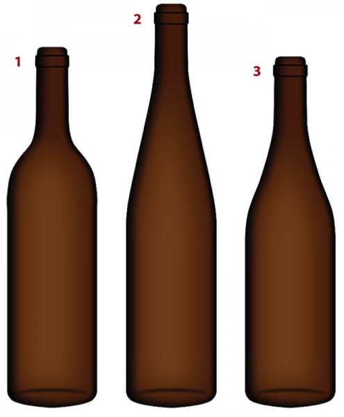 1) Láhev italská se užívá obvykle pro vína červená 2) „Pistole“ má původ v Porýní – bílá vína 3) Další ze skupiny 0,7l láhví má původ v Beaujolais.