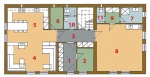 Půdorys přízemí: 1) zádveří 2) technická místnost 3) chodba 4) obývací pokoj 5) kuchyň + jídelna 6) spíž 7) koupelna 8) pokoj dědečka 9) komora 10, 11) WC.