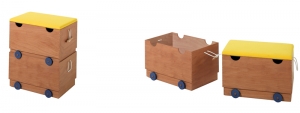 Pojízdný kontejner s tajnou přihrádkou a čalouněným sedákem, materiál dřevo a textilie (DELSO).