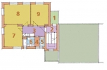 1. PATRO - NÁVRH: 1 mezipodesta, 2 schodiště, 3 hala + kuchyň, 4 předsíň, 5 WC, 6 koupelna, 7-9 pokoj.