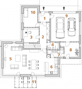Půdorys přízemí: 1) zádveří 2) předsíň 3) pracovna 4) koupelna + WC 5) obývací pokoj 6) kuchyň 7) domácí práce 8) technická místnost 9) garáž 10) pokoj pro hosta 11) terasa