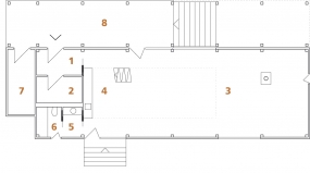Půdorys stavby: 1) předsíň 2) šatna 3) obývací prostor 4) kuchyňský kout 5) umývárna 6) koupelna + WC 7) technická místnost 8) terasa.