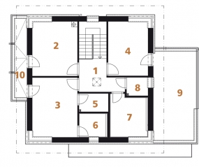Půdorys patra: 1) hala 2, 3, 4) ložnice 5) šatna 6) koupelna 7) koupelna  8) WC 9, 10) terasa.