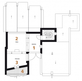 Půdorys 3. patra: 1) knihovna 2) pokoj 3) pracovna 4) terasa 5) schodišťový prostor.
