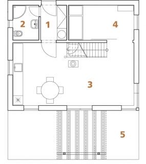 Půdorys přízemí: 1) předsíň 2) koupelna + WC 3) obytný prostor 4) pokoj 5) terasa.