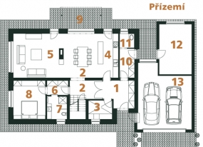 Půdorys přízemí: 1) předsíň 2) hala 3) technická místnost 4) kuchyň + jídelna 5) obývací pokoj 6) šatna 7) koupelna + WC 8) pokoj 9) terasa 10) předsíň 11) technická místnost 12) dílna 13) garáž.