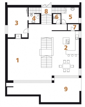 Půdorys přízemí: 1) obytný prostor 2) kuchyň + jídelna 3) pokoj pro hosty 4) koupelna + WC 5) domácí práce 6) WC 7) spíž 8) výstup na zahradu 9) terasa.