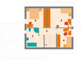 Půdorys podkroví: 1) schodiště 2) hala 3) koupelna + WC 4) dětský pokoj 5) dětský pokoj 6) ložnice.