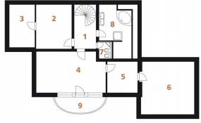 Půdorys podkroví: 1) hala  2) pokoj 3) šatna 4) ložnice rodičů 5) šatna 6) úložný prostor 7) WC 8) koupelna 9) balkon.