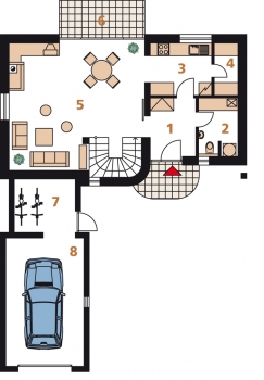 Půdorys přízemí: 1) vstup 2) technická místnost, WC 3) kuchyň 4) spíž 5) obývací pokoj 6) terasa 7) úložný prostor 8) garáž.