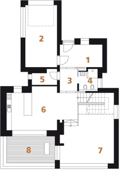 Půdorys přízemí: 1) předsíň 2) garáž 3) hala 4) koupelna + WC 5) komora 6) kuchyň + jídelna 7) obývací pokoj 8) terasa.