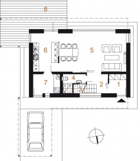 Půdorys přízemí: 1) vstup 2) hala 3) schodiště 4) koupelna + WC 5) obytný prostor 6) kuchyň 7) sklad 8) terasa.
