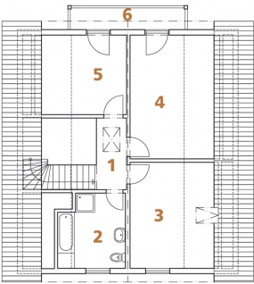 Půdorys podkroví: 1) galerie 2) koupelna + WC 3, 4, 5)  pokoj 6) balkon.