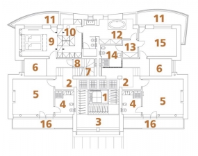 Půdorys 2. podlaží: 	1) schodiště + výtah 2) hala 3) domácí tělocvična 4) koupelna + WC 5) dětský pokoj 6) průhled do 1. podlaží 7) schodiště na terasu 8) komora – shoz prádla 9) ložnice rodičů 10) šatna 11) balkon 12) koupelna + WC 13) šatna 14) koupelna + WC 15) pokoj pro hosty 16) balkon.