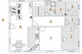 Půdorys přízemí: 1) předsíň 2) prádelna 3) technická místnost 4) chodba 5) spíž 6) koupelna + WC 7) pokoj  8) obytný prostor 9) krytá terasa.