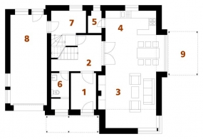 Půdorys přízemí: 1) zádveří 2) hala 3) obývací prostor 4) kuchyň 5) spíž 6) koupelna + WC 7) komora 8) garáž 9) pergola.