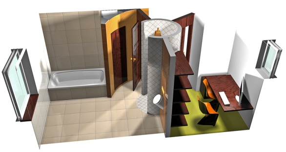 Interiér místností dotváří drobná mozaika Tetris v bílém a oranžovém provedení, doplněná velkoplošnými obklady a dlaždicemi kolekce Spirit ve třech odstínech teplých barevných tónů s rozměry 45 x 45 cm, jež umocní stylový kontrast velkého a malého formátu, cena 713 Kč/m2 (RAKO).