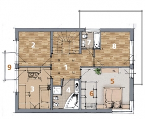 Půdorys patra: 1) hala 2, 3) dětský pokoj 4) koupelna + WC 5) ložnice rodičů 6) šatna 7) koupelna + WC 8) pracovna 9) balkon.