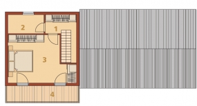 Půdorys patra: 1) hala 2) úložný prostor 3) ložnice 4) balkon.