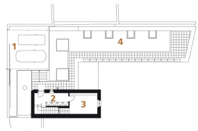 Půdorys 2. podlaží: 1) kryté automobilové stání 2) vstupní hala 3) knihovna 4) zelená střecha.