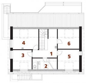 Půdorys podkroví: 1) hala, pracovna 2) koupelna + WC 3, 4, 5) ložnice 6) šatna.