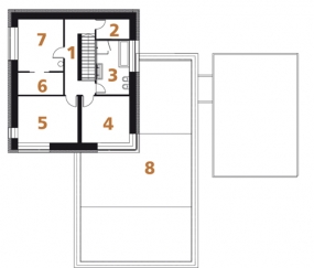 Půdorys patra: 1) hala 2) komora 3) koupelna + WC 4, 5) pokoj 6) šatna 7) ložnice 8) střešní terasa.