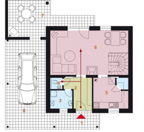 Půdorys přízemí: 1) závětří 2) předsíň 3) technická místnost 4) WC 5) kuchyň 6) obývací pokoj + jídelna 7) terasa 8) stání pro auto (garáž).