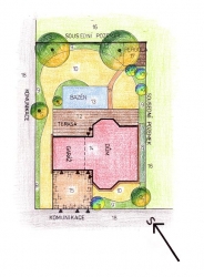 Plánek zahrady: 1 l Višeň chloupkatá (Prunus subhirtella ´Pendula Plena Rosea´) 2 l Bříza Jacquemontova (Betula jacquemontii) 3 l Borovice osinatá (Pinus aristata) 4 l Javor dlanitolistý (Acer palmatum) 5 l Topol Simonův (Populus simonii ´Fastigiata´) 6 l Borovice kleč (Pinus mugo) 7 l Buk lesní (Fagus sylvatica ´Fastigiata´) 8 l Živý plot, např. střemcha vavřínová (Prunus laurocerasus ´Otto Luyken´) 9 l Keře, trvalky, okrasné trávy, liány, bylinky, cibuloviny 10 l Travnatá plocha 11 l Cesta od domu k pergole s povrchem z kačírku 12 l Terasa s povrchem z dřevěných dlaždic 13 l Bazén 14 l Rodinný dům s dvougaráží 15 l Zámková dlažba na příjezdové cestě 16 l Sousední pozemek u rodinných domů 17 l Pergola se zahradním krbem 18 l Komunikace.