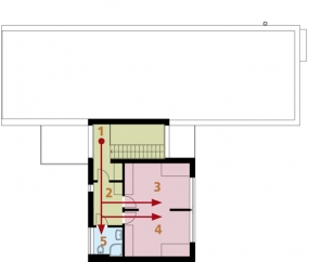 Půdorys patra: 1) terasa 2) chodba 3, 4) dětský pokoj 5) koupelna + WC.