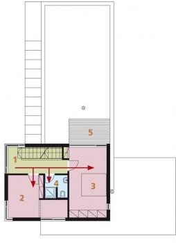 Půdorys patra: 1) chodba 2) pracovna 3) ložnice rodičů 4) koupelna + WC 5) střešní terasa.