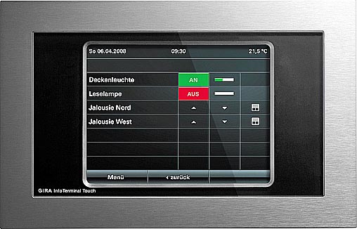 Centrála InfoTerminal Touch ze série Gira Instabus KNX/EIB (Design Zentrum NRW Essen, Gira), 5,7“ TFT dotykový displej, funkce zapínání, stmívání a řízení žaluzií, ukládání a vyvolávání světelné scény,  cena řídicí jednotky bez příslušenství od 35 000 Kč (SBS ELEKTRO).