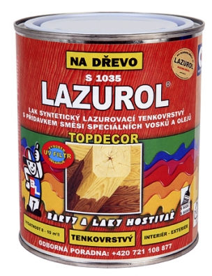 Lazurol S 1035 – Top Decor Lak je určen k ochranným lazurovacím nátěrům měkkého i tvrdého dřeva vystaveného povětrnostním vlivům (BARVY LAKY HOSTIVAŘ).