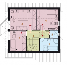 Půdorys podkroví: 1) chodba 2) ložnice rodičů 3, 4) dětský pokoj 5) koupena 6) WC.