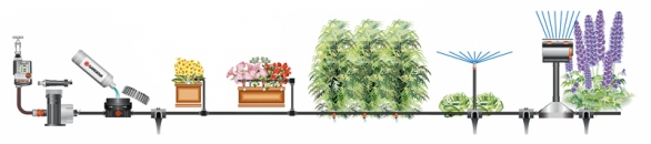 Stavebnice MicroDrip se zavlažovacím počítačem a přihnojovačem (GARDENA) se postará o automatické zalévání rostlin v zimní zahradě, což ušetří mnoho práce i potřebné vody. Frekvenci a intenzitu zavlažování lze řídit individuálně pomocí čidel Tropf-Blumat umístěných v půdě.