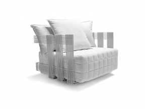 Křeslo Intrecci (design Carlo Colombo, EMU), rozměr 61 x 84 x 76 cm, konstrukce z ocelových proutků, polštáře z látky, cena na vyžádání (3DH INTERIÉR)