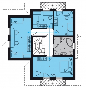 Půdorys patra: 1) hala 2) koupelna + WC 3) ložnice rodičů 4, 5, 6) pokoj 7, 8) balkon.