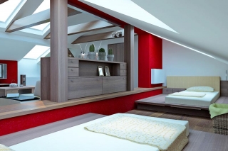 Postele vyráběné pro podkrovní ložnice jsou vždy náročnější na promyšlení všech detailů, úložnými prostory počínaje a pohodlným vstáváním a uléháním konče (ALNUS).