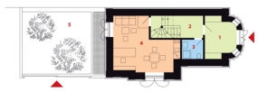 Půdorys I. nadzemního podlaží: 1) vstupní hala 2) chodba 3) koupelna + WC 4) pracovna 5) zahrada.