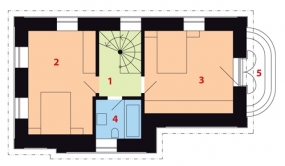 Půdorys II. nadzemního podlaží: 1) schodiště 2, 3) ložnice 4) koupelna + WC 5) balkon.