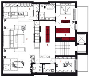 Vestavěné skříně se dají využít i při zařizování architektonicky netradičně pojatých prostor, jak můžeme vidět na půdorysu loftového bytu. Důmyslným řešením je například „vícefunkční“ solitér v ložnici – viz č. 3 na půdorysu bytu (DONLIĆ).