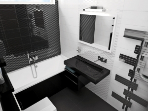 Koupelna je obložena světlým obkladem, který opticky zvětšuje prostor, sanitární vybavení tvoří designové solitéry (nerezový topný žebřík Cordivari, závěsné WC a umyvadlo značky GSG Ceramica atd.).