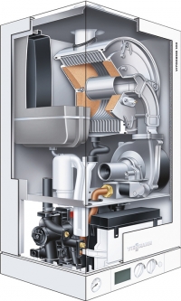 Řez nástěnným plynovým kondenzačním kotlem Vitodens 100 W (Viessmann) s modulovaným válcovým sálavým hořákem MatriX a nerezovým výměníkem.