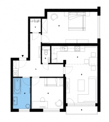 Půdorys bytu po rekonstrukci: 1) předsíň 2) obývací pokoj 3) kuchyň 4) pokoj 5) ložnice 6) koupelna 7) šatna 8) WC 9) balkon.