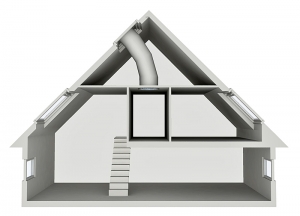 Schéma tubusového světlovodu vedeného ze šikmé střechy. Stejným způsobem lze přivádět světlo doprostřed dispozice domu také z ploché střechy, a to i na vzdálenost několika podlaží (VELUX ČR).