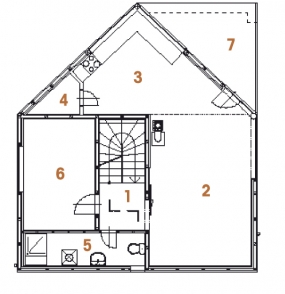 Půdorys patra: 1) hala 2) obývací pokoj 3) kuchyň 4) spíž 5) koupelna + WC 6) pokoj 7) terasa.
