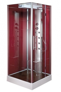 Čtvercový sprchový box Zafra se stropem, předními, bočními a zadními stěnami z čirého skla je doplněn hliníkovým masážním panelem s 8 tryskami, hlavovou sprchou, dřevěným roštem a plastovou židličkou, cena od 43 990 Kč, HOPA.