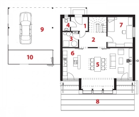 Půdorys předsíně: 1) předsíň 2) hala 3) technická místnost 4) WC 5) obývací pokoj 6) kuchyň 7) pracovna 8) terasa 9) garážové stání 10) technická místnost.