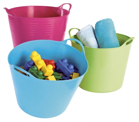 Univerzální košík Lupin, materiál plast, výška 30 cm, průměr 37 cm, barva limetková, růžová a tyrkysová, cena 149 Kč (JYSK).