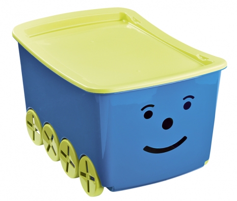 Box Smiley s kolečky, plast, rozměry 40 x 60 x 35 cm, barva modrozelená nebo růžovofialová, cena 349 Kč (JYSK).