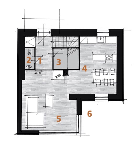 Návrh | Půdorys přízemí: 1) zádveří, 2) WC, 3) šatna, 4) kuchyň + jídelna, 5) obývací pokoj, 6) terasa.